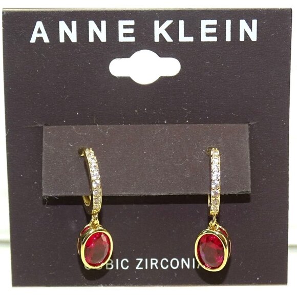 COPY - Anne Klein Gold-Tone Cubic Zirconia Red Oval Drop Earrings - Picture 1 of 4